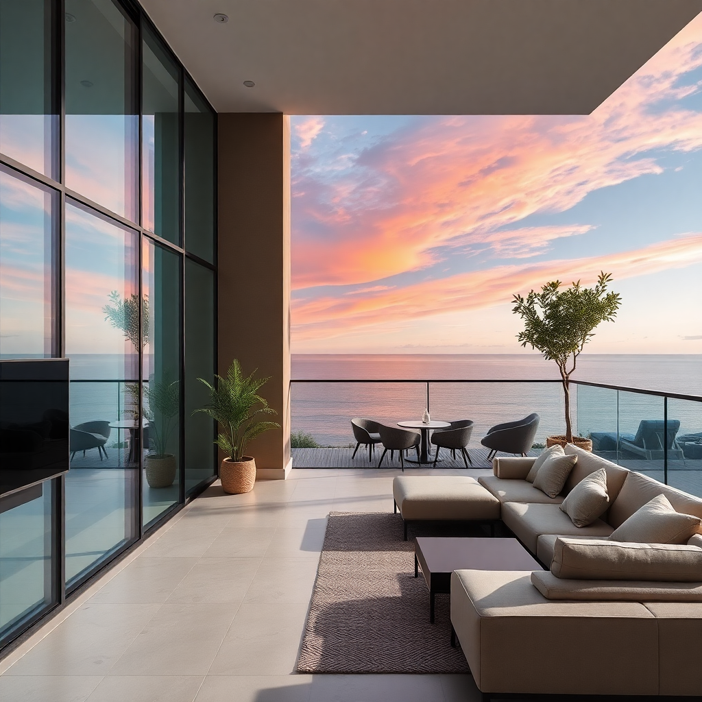 Un condominio moderno con vista al océano, que muestra opciones de lujo.