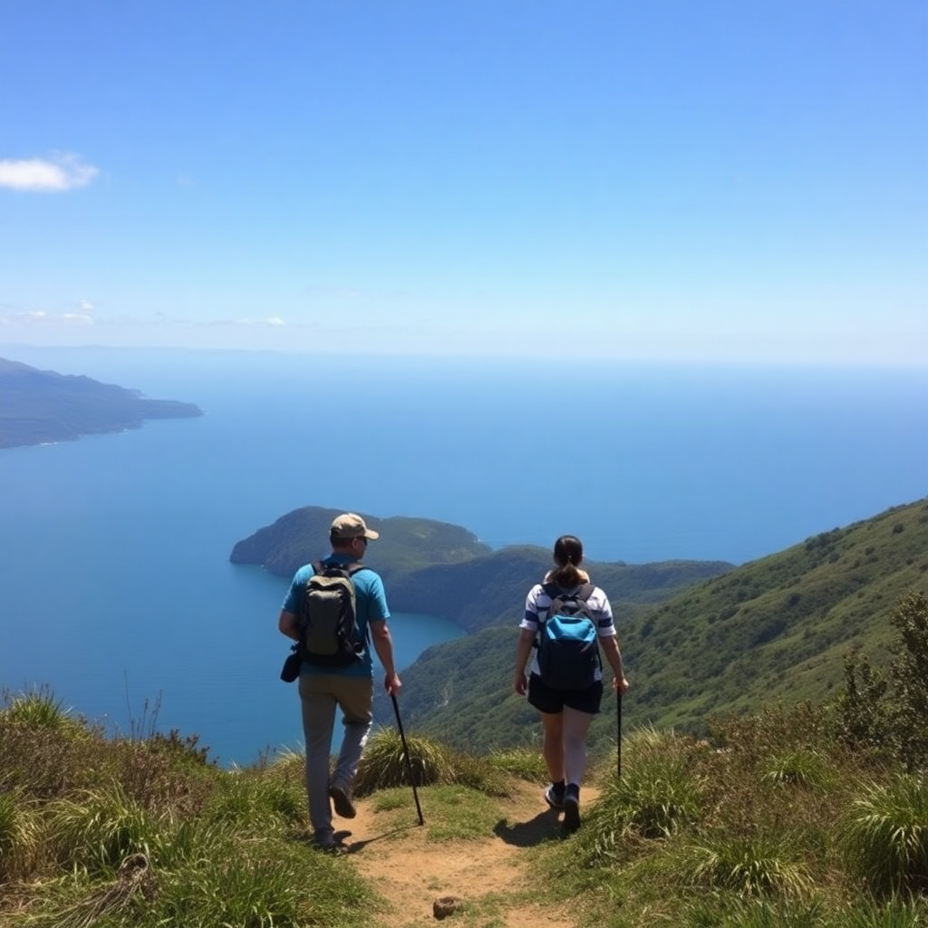 Excursionistas caminando por el sendero con impresionantes vistas costeras de fondo.
