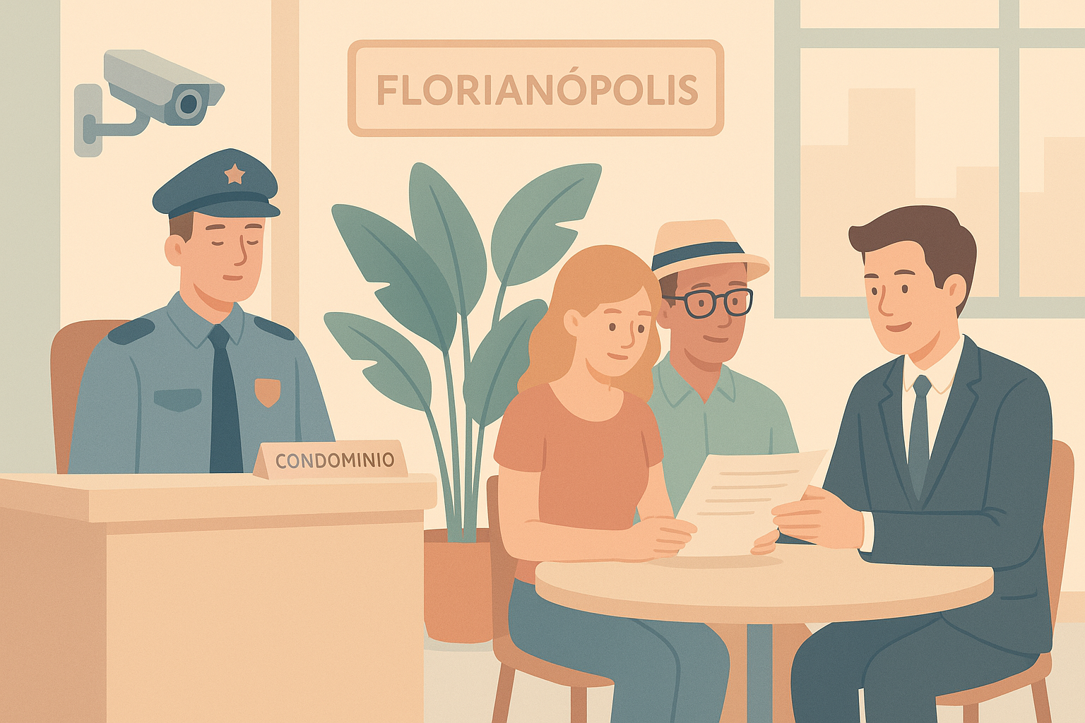 Pareja extranjera revisando documentos con abogado en el lobby de un condominio en Florianópolis