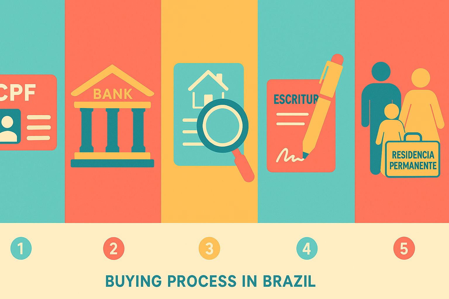 Infografía del proceso de compra de propiedad en Brasil: CPF, banco, due diligence, escritura y residencia