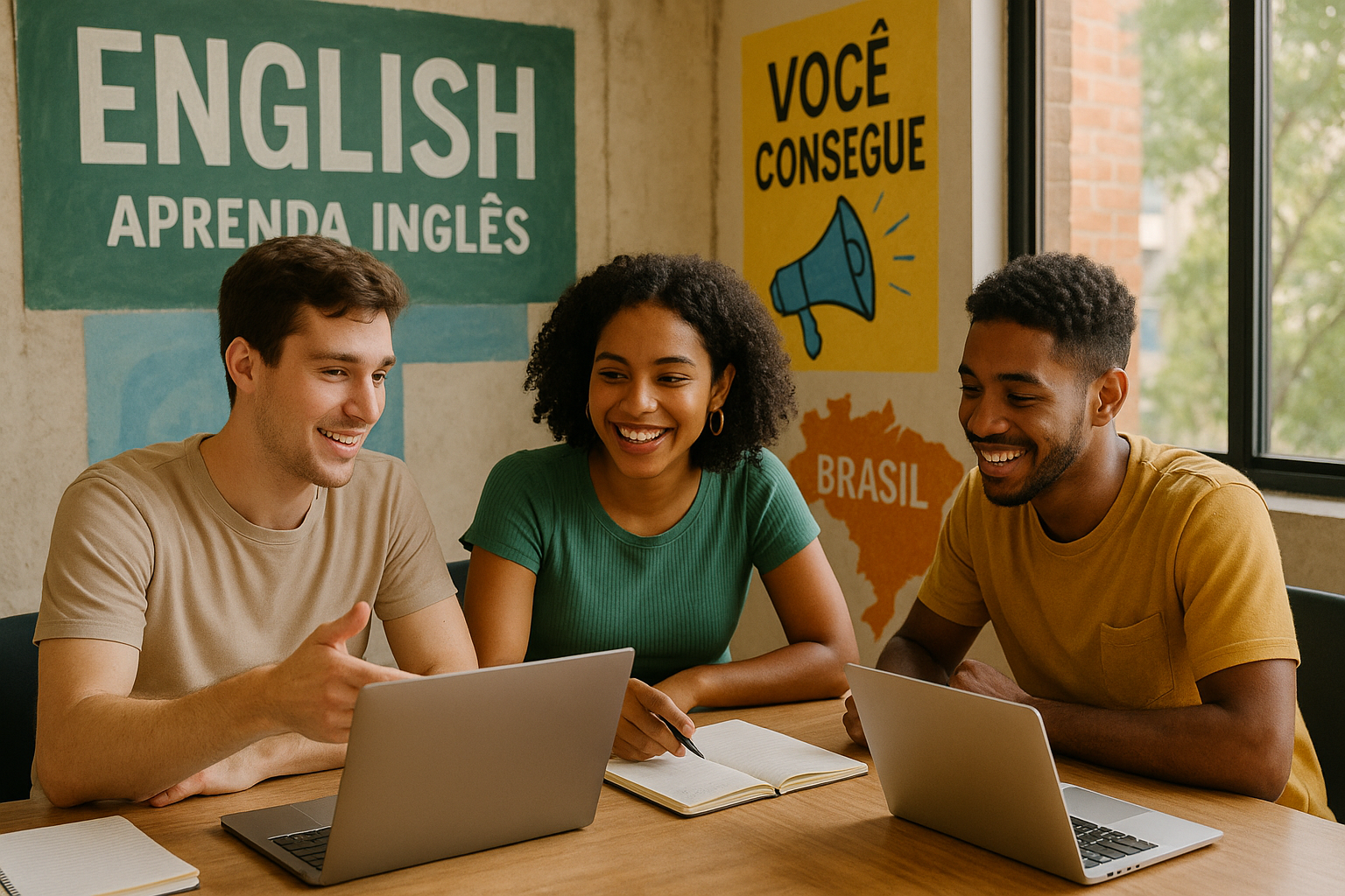 Joven extranjero enseñando inglés a estudiantes brasileños