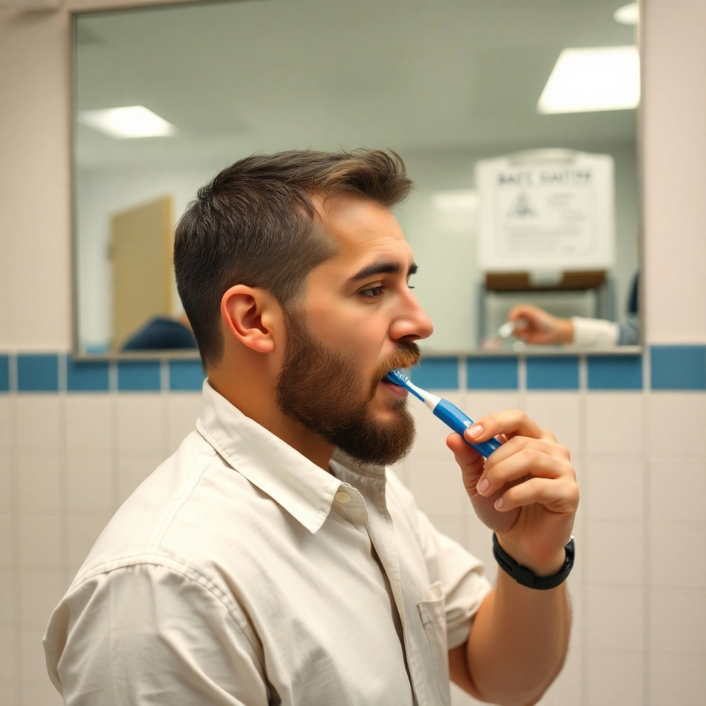 alguien cepillándose los dientes en un baño público